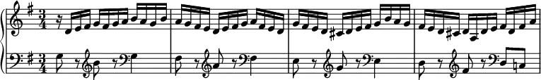 \new PianoStaff <<
 \new Staff \relative c' {
  \key g \major \time 3/4
  r16 d e fis g fis g a b a g b |
  a16 g fis e d e fis g a fis e d |
  g16 fis e d cis d e fis g b a g |
  fis16 e d cis d a d e fis d fis a |
 }
 \new Staff \relative c' {
  \key g \major \clef bass
  g8 r \clef treble b' r \clef bass g,4 |
  fis8 r \clef treble a' r \clef bass fis,4 |
  e8 r \clef treble g' r \clef bass e,4 |
  d8 r \clef treble fis' r \clef bass d, c! |
 }
>>