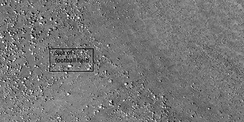 Close view of boulders on lower left of crater rim Box is the size of a football field, so boulders are roughly the size of cars or small houses. Picture taken with HiRISE under HiWish program.