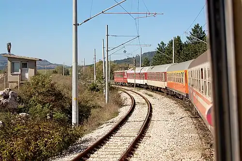 The Balkan Express departing Dragoman with a BDŽ Class 44 locomotive pulling.