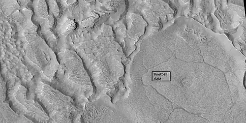 Ribbed terrain being formed from upper plains unit, as seen by HiRISE under HiWish program Formation begins with cracks that enhance sublimation. Box shows the size of football field.