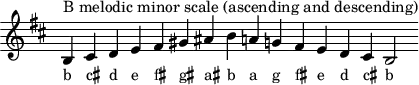 \header { tagline = ##f }
scale = \relative b { \key b \minor \omit Score.TimeSignature
  b^"B melodic minor scale (ascending and descending)" cis d e fis gis ais b a! g! fis e d cis b2 }
\score { { << \cadenzaOn \scale \context NoteNames \scale >> } \layout { } \midi { } }