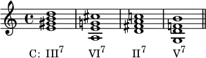 {
\relative c' {
   \clef treble 
   \time 4/4
   \key c \major
   <e gis b d>1_\markup { \concat { \translate #'(-3.5 . 0) { "C:  III" \raise #1 \small "7" \hspace #5 "VI" \raise #1 \small "7" \hspace #5.5 "II" \raise #1 \small "7" \hspace #5.5 "V" \raise #1 \small "7" } } }
   <a, e' g! cis> <d fis a c!> < g, d' f! b> \bar "||"
} }
