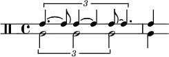 << \relative c' {
   \override Staff.StaffSymbol.line-positions = #'(-2 2)
   \clef percussion
   \time 4/4
   \tuplet 3/2 { e4.~ e8 e4~ e e8~ e4. } e4
} \\ \relative c' {
   \tuplet 3/2 { a2 a a } a4
}
>>