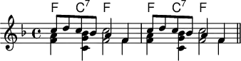 \header { tagline = ##f }
% LilyPond doesn't easily want to align 4 voices, some with different lengths.
% So we create a print score, using 2 voices with some chords, and a MIDI score of 4 voices.
global = { \key f \major \time 4/4 }
firstP  = \relative c'' { \global \repeat unfold 2 { \stemUp c8 d c bes a4 f } \bar "||" }
secondP = \relative c'' { \global \repeat unfold 2 { \stemDown <a f>4 <bes g c,>  <c f,>2 } }
thirdP  = \relative c'  { \global \repeat unfold 2 { \stemDown s2. f4 } }
first  = \relative c'  { \global \repeat unfold 2 { f4\fff g a f } }
second = \relative c'' { \global \repeat unfold 2 { a4 bes c2 } }
third  = \relative c'' { \global \repeat unfold 2 { c8 d c bes a4 f } }
fourth = \relative c'  { \global \repeat unfold 2 { f4\pppp c f2 } }
kords = \chordmode { \repeat unfold 2 { f4 c:7 f2 } }
\score {
  <<
    \new ChordNames { \kords }
    \new Staff << \firstP \\ \secondP \\ \thirdP >>
  >>
  \layout { }
}
% The MIDI part plays the 4 voices, but not the chords.
\score {
  <<
    \new Staff \with { midiInstrument = "trumpet" } \new Voice \first
    \new Staff \with { midiInstrument = "violin"  } \new Voice \second
    \new Staff \with { midiInstrument = "celesta" } \new Voice \third
    \new Staff \with { midiInstrument = "tuba"    } \new Voice \fourth
  >>
  \midi { \tempo 4=102 }
}