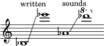 {
      \new Staff \with { \remove "Time_signature_engraver" }
      \clef treble \key c \major ^ \markup "written" \cadenzaOn
      bes1 \glissando ees'''1
      aes'1 ^ \markup "sounds" \glissando \ottava #1 des''''1
    }