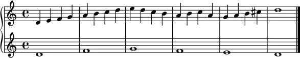\new PianoStaff <<
  \new Staff \relative c' { d4 e f g | a b c d | e d c b | a b c a | g a b cis | d1 | }
  \new Staff \relative c' { d1 | f | g | f | e | d | \bar "|." }
>>