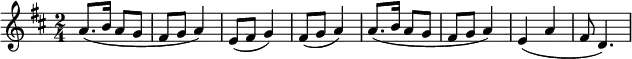 \relative d''{
   \key d \major
   \time 2/4
% 1st time
   a8. (b16 a8 g8 fis8 g8 a4) e8 (fis8 g4) fis8 (g8 a4)
% 2nd time
   a8. (b16 a8 g8 fis8 g8 a4) e4 (a4 fis8 d4.)
  }