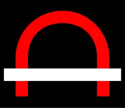 red curve crossed by a white bar, on a black square