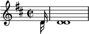 \relative c' {
\key d \major
\time 2/2 <<
\new Voice = "first"
{ \voiceOne \partial 16 d16 d1}
\new Voice= "second"
{ \voiceTwo \partial 16 d16 d1}
>>
}