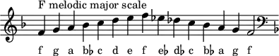 \header { tagline = ##f }
scale = \relative f' { \key f \major \omit Score.TimeSignature
  f^"F melodic major scale" g a bes c d e f es des c bes a g f2 \clef F \key f \major }
\score { { << \cadenzaOn \scale \context NoteNames \scale >> } \layout { } \midi { } }