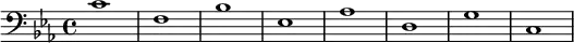 {
        \new Staff <<
            \new Voice \relative c' {
                \stemDown \clef bass \key c \minor \time 4/4 \tempo 1 = 60 \set Score.tempoHideNote = ##t
                c1 f, bes es, as d, g c,
                }
            >>
     }