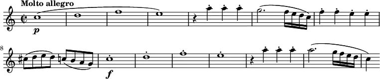 \relative c'' {
    \key c \major
    \time 2/2
    \set Staff.midiInstrument = "string ensemble 2"
    \tempo "Molto allegro"
    \tempo 4 = 260
  c1\p ( d f e)
  r4 a4-. a-. a-.
   g2. (f16 e d c)
   f4-. f-. e-. e-.
   cis8 (d e d) c (b a g)
  c1-.\f d-. f-. e-.
  r4 a4-. a-. a-.
   a2. (g16 f e d c4)
  }