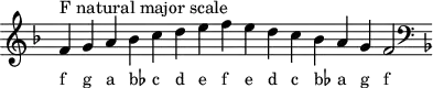 \header { tagline = ##f }
scale = \relative f' { \key f \major \omit Score.TimeSignature
  f^"F natural major scale" g a bes c d e f e d c bes a g f2 \clef F \key f \major }
\score { { << \cadenzaOn \scale \context NoteNames \scale >> } \layout { } \midi { } }
