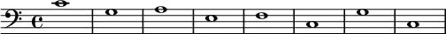 {
        \new Staff <<
            \new Voice \relative c' {
                \stemDown \clef bass \key c \major \time 4/4 \tempo 1 = 60 \set Score.tempoHideNote = ##t
                c1 g a e f c g' c,
                }
            >>
     }