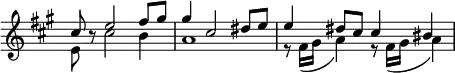 \relative c'
  \new Staff \with { \remove "Time_signature_engraver" } {
   \key fis \minor \time 4/4
    << 
     {
      \voiceOne
       cis'8 b8\rest e2 fis8 gis gis4 cis,2 dis8 e e4 dis8 cis cis4 bis4
     }
      \new Voice 
      {
       \voiceTwo
        e,8 s8 cis'2 b4 a1 r8 fis16( gis a4) r8 fis16( gis a4)
      }
    >>
 }