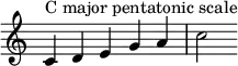 {
\override Score.TimeSignature #'stencil = ##f
\relative c' {
  \clef treble \key c \major \time 5/4
  c4^\markup { "C major pentatonic scale" } d e g a c2
} }