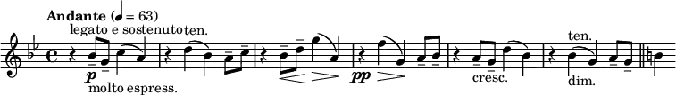 \relative c'' { \clef treble \time 4/4 \tempo "Andante" 4 = 63 \key g \minor
 r4^"legato e sostenuto" bes8--\p_"molto espress." g-- c4( a) | r d(^"ten." bes) a8-- c-- | r4 bes8--\< d--\! g4(\> a,\!) |
 r\pp f'\>( g,)\! a8-- bes-- | r4 a8--_"cresc." g-- d'4( bes)| r bes(^"ten."_"dim." g) a8-- g-- \bar "||" b4}