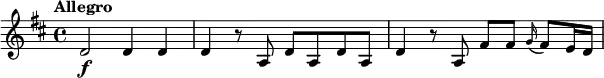 \relative c' {
  \key d \major
  \tempo "Allegro"
 d2\f d4 d | d r8 a d a d a | d4 r8 a fis' fis \grace g16(fis8) e16 d |
}