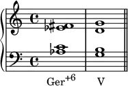 {
      \new PianoStaff <<
        \new Staff <<
            \relative c' {
                \clef treble \key c \major \time 4/4
                <es fis>1 <d g>
                }
            >>
        \new Staff <<
            \relative c' {
                \clef bass \key c \major \time 4/4
                <aes c>1_\markup { \concat { \translate #'(-2 . 0) { "Ger" \raise #1 \small "+6" \hspace #4.5 "V" } } }
                <g b> \bar "||"
                }
            >>
    >> }