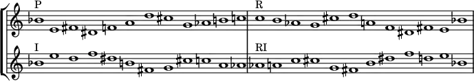 {
\override Score.TimeSignature
#'stencil = ##f
\override Score.SpacingSpanner.strict-note-spacing = ##t
  \set Score.proportionalNotationDuration = #(ly:make-moment 3/1)
\new StaffGroup <<
   \new Staff 
      \relative c'' {
         \time 12/1
         bes1^\markup { P } e, fis dis f a d cis g aes b c
         c^\markup { R }  b aes g cis d a f dis fis e bes'
      }
   \new Staff {
      \relative c'' { 
         bes1^\markup { I } e d f dis b fis g cis c a aes
         aes^\markup { RI } a c cis g fis b dis f d e bes
      } }
>> 
}