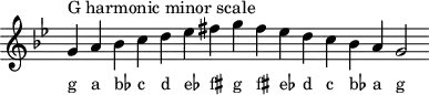 \header { tagline = ##f }
scale = \relative f' { \key g \minor \omit Score.TimeSignature
  g^"G harmonic minor scale" a bes c d es fis g fis es d c bes a g2 }
\score { { << \cadenzaOn \scale \context NoteNames \scale >> } \layout { } \midi { } }
