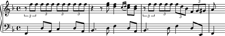 {
      \new PianoStaff <<
        \new Staff <<
            \relative c'' {
                \clef treble \key f \major \time 4/4
                \tuplet 3/2 { r8 f f } \tuplet 3/2 { f f f } \tuplet 3/2 { f f f } \tuplet 3/2 { f f f }
                r4 r8 <e g> <d f>4 \acciaccatura { c16 d } <c e>8 <bes d>
                \tuplet 3/2 { r8 f' f } \tuplet 3/2 { f f f } \tuplet 3/2 { f d bes } \tuplet 3/2 { f g gis }
                a
                }
            >>
        \new Staff <<
            \relative c, {
                \clef bass \key f \major \time 4/4
                f4 d'8 a c4 d8 a
                bes4. d8 f4 d8 a
                bes4. d8 f4 d8 e,
                f4
                }
            >>
    >> }