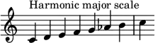 {
\override Score.TimeSignature #'stencil = ##f
\relative c' { 
  \clef treble \time 7/4
  c4^\markup { Harmonic major scale }  d e f g aes b c
} }