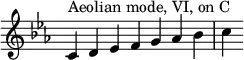 {
\override Score.TimeSignature #'stencil = ##f
\key c \aeolian
\relative c' { 
  \clef treble 
  \time 7/4 c4^\markup { Aeolian mode, VI, on C } d es f g aes bes c
} }