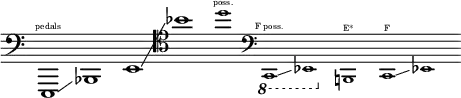 \layout { ragged-right = ##t \context { \Score \omit BarNumber } }
  {
    \new Staff \with { \remove "Time_signature_engraver" }
    \clef bass \key c \major \cadenzaOn
    e,,1                        ^ \finger \markup \text "pedals"
    \glissando
    bes,,1
    e,1
    \glissando
    \clef tenor  bes'1
    \tweak font-size #-2  d''1  ^ \finger \markup \text "poss."
    \clef bass
    \ottava #-1
    \tweak font-size #-2  c,,1  ^ \finger \markup \text "F poss."
    \glissando
    \tweak font-size #-2 ees,,1
    \ottava #0
    \tweak font-size #-2  b,,1  ^ \finger \markup \text "E*"
    \tweak font-size #-2  c,1   ^ \finger \markup \text "F"
    \glissando
    \tweak font-size #-2  ees,1
  }