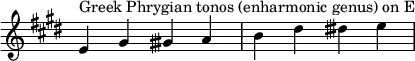 {
\key e \major
\override Score.TimeSignature #'stencil = ##f
\relative c' {
  \clef treble \time 4/4
  e4^\markup { Greek Phrygian tonos (enharmonic genus) on E } gis gisih a b dis disih e
} }