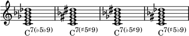 {
\override Score.TimeSignature #'stencil = ##f
\relative c' {
   \clef treble
   \time 4/4
   \key c \major
   \textLengthOn
   <c e ges bes des>1_\markup { \concat { "C" \raise #1 \small { "7(♭5♭9)" } } }
   <c e gis bes dis>_\markup { \concat { "C" \raise #1 \small { "7(♯5♯9)" } } }
   <c e ges bes dis>_\markup { \concat { "C" \raise #1 \small { "7(♭5♯9)" } } }
   <c e gis bes des>_\markup { \concat { "C" \raise #1 \small { "7(♯5♭9)" } } }
} }
