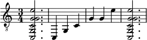 {
\clef "treble_8"
\time 3/4
<c, g, c g g e'>2.
<c, >4
<g, >4
<c  >4
<g >4
<g >4
<e' >4
<c, g, c g g e'>2.
}