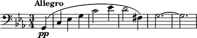 \new Score {
  #(set-default-paper-size "b6")
  \new Staff {
    \relative c, {
      \set Staff.midiInstrument = #"cello"
      \time 3/4
      \key c \minor
      \clef "bass_8"
      \omit Staff.ClefModifier
      \tempo 4 = 240
      \omit Score.MetronomeMark
      \partial 4 g^\markup { \halign #-0.5 \bold "Allegro" }(\pp | c ees g | c2 ees4 | d2 fis,4) | g2.~ | g2.
    }
  }
}