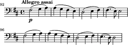 \layout {
  indent = 0
  ragged-right = ##t
}
\new Score {
  #(set-default-paper-size "b6")
  \new Staff {
    \relative c, {
      \set Staff.midiInstrument = #"cello"
      \set Score.currentBarNumber = #92
      \time 4/4
      \key d \major
      \clef "bass_8"
      \omit Staff.ClefModifier
      \tempo 2 = 60
      \omit Score.MetronomeMark
      \bar ""
      fis2\p^\markup { \halign #-0.5 \bold "Allegro assai" }( g4 a) | a4( g fis e) | d2( e4 fis) | fis4.( e8) e2 | \break
      fis2( g4 a) | a4( g fis e) | d2( e4 fis) | e4.( d8) d2
    }
  }
}
