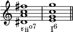{
\omit Score.TimeSignature
\relative c' { 
      <dis a' c fis>1_\markup { \concat { "♯ii" \raise #1 \small "o7" \hspace #4 "I" \raise #1 \small "6" } } <e g c g'> \bar "||"
   }
}