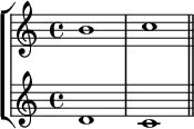 { << \new StaffGroup <<
        \new Staff <<
            \clef treble \time 4/4
            \relative c'' {
                \clef treble \time 4/4
                b1 c
                }
            >>
        \new Staff <<
            \clef treble \time 4/4
            \new Voice \relative c' {
                d1 c \bar "||"
                }
            >>
    >>
>> }