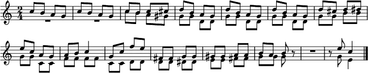 \header { tagline = ##f }
\layout { indent = 0 \context { \Score \remove "Bar_number_engraver" } }
global = { \key c \major \time 2/4 }
voiceA = \new Voice \relative c'' { \global \voiceOne
  c8 b a g | c b a g | c b c cis | d b a g |
  d' b a g | d' b a g | d' cis d dis | e c a g |
  a b c4 | g8 c f e | fis, fis g g | gis gis a a | b a b r8 | R2 | r8 e8 c4 \bar "|."
}
voiceB = \new Voice \relative c'' { \global \voiceTwo
  R2 | R2 | c8 b a gis | g g d d |
  g g d d | g g d d | g g b b | g g c, c |
  f f f f | c c d d | d d dis dis | e e fis fis | g g g r8 | R2 r8 g e4  \bar "|."
}
\score {
  \new Staff \with { \consists "Merge_rests_engraver" midiInstrument = "acoustic grand" } % "choir aahs" }
  <<
    \voiceA
    \voiceB
  >>
  \layout { }
  \midi { \tempo 4=102 }
}