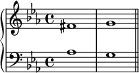 {
      \new PianoStaff <<
        \new Staff <<
            \relative c' {
                \clef treble \key c \minor \time 4/4
                fis1 g
                }
            >>
        \new Staff <<
            \relative c' {
                \clef bass \key c \minor \time 4/4
                aes1 g \bar "||"
                }
            >>
    >> }
