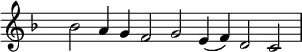 { \key f \major
\set Score.tempoHideNote = ##t
\tempo 2=72
\set Staff.midiInstrument = "english horn"
\override Score.TimeSignature #'transparent = ##t
\override Score.BarNumber #'transparent = ##t
\time 7/2
bes'2 a'4 g' f'2 g' e'4 (f') d'2 c'
}