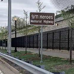 Just outside the Pentagon Memorial wall and fence lies 9/11 Heroes Memorial Highway (Virginia State Route 27) commemorating those who responded
