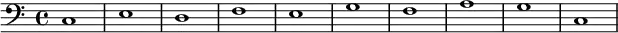 {
        \new Staff <<
            \new Voice \relative c' {
                \stemDown \clef bass \key c \major \time 4/4 \tempo 1 = 60 \set Score.tempoHideNote = ##t
                c,1 e d f e g f a g c,
                }
            >>
     }