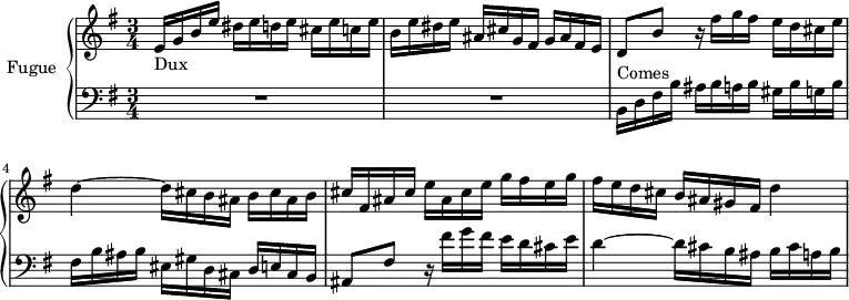 \version "2.18.2"
\header {
  tagline = ##f
}
Dux         = { e16_\markup{Dux}  g b e dis e d e cis e c e | b e dis e ais, cis g fis g ais fis e }
ContreSujet = { d8 b' r16 fis'16 g fis e d cis e d4~ d16 cis b ais b cis ais b }
Comes       = { b16^\markup{Comes} d fis b ais b a b gis b g b fis b ais b eis, gis d cis d e cis b }
upper = \relative c' {
  \clef treble 
  \key e \minor
  \time 3/4
  \tempo 4 = 126
  \set Staff.midiInstrument = #"harpsichord"
   %% FUGUE CBT I-10, BWV 855, mi mineur
   \Dux \ContreSujet cis16 fis, ais cis e ais, cis e g fis e g fis e d cis b ais gis fis d'4~
}
lower = \relative c {
  \clef bass 
  \key e \minor
  \time 3/4
  \set Staff.midiInstrument = #"harpsichord" 
    
   R2.*2 \Comes ais8 fis' r16 fis'16 g fis e d cis e d4~ d16 cis b ais b cis a b
    
}
\score {
  \new PianoStaff <<
    \set PianoStaff.instrumentName = #"Fugue"
    \new Staff = "upper" \upper
    \new Staff = "lower" \lower
  >>
  \layout {
    \context {
      \Score
      \remove "Metronome_mark_engraver"
    }
  }
  \midi { }
}