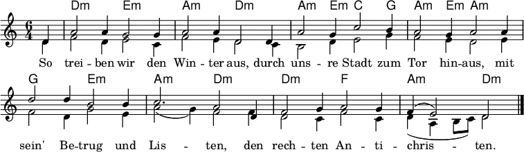 \header {tagline = ##f }
\layout { indent = 0 \set Score.tempoHideNote = ##t \context { \Score \remove "Bar_number_engraver" } }
global = { \key d \dorian \time 6/4 \partial 4 }
kords = \chordmode { \set Staff.midiInstrument = "acoustic guitar (nylon)"
  \global % \set chordChanges = ##t
  s4 | d,2.:m\ppp e,:m | a,:m d,:m
  a,2:m e,4:m c,2 g,4 |
  a,2:m e,4:m a,2.:m |
  g, e,:m | a,:m d,:m |
  d,:m f, | a,:m d,2:m \bar "|."
}
% Alternative chords:
kordsxx = \chordmode { \set Staff.midiInstrument = "acoustic guitar (nylon)"
  \global \set chordChanges = ##t
  s4 | d,2.:m\pp g, | d,:m d,:m
  d,:m c, | f, d,:m |
  g, e,:m | a,:m d,:m |
  f, d,:m | a,:m d,2:m \bar "|."
}
sopranoVoice = \relative c' { \global
  d4 | a'2 a4 g2 g4 | a2 a4 d,2
  d4 | a'2 g4 c2 b4 | a2 g4 a2
  a4 | d2 d4 b2 b4 | c2. a2
  d,4 f2 g4 a2 g4 | f4 (e2) d2 \bar "|."
}
altoVoice = \relative c' { \global
  d4 | f2 d4 e2 c4 | f2 e4 d2
  c4 |b2 d4 e2 g4 | f2 e4 d2
  e4 | f2 d4 g2 e4 | a2 (g4)f2
  f4 | d2 c4 f2 c4 | d4 (a \tempo 2. = 48 b8 c) \tempo 2. = 33 d2 \bar "|."
}
verse = \lyricmode {
  So trei -- ben wir den Win -- ter aus,
  durch uns -- re Stadt zum Tor hin -- aus,
  mit sein' Be -- trug und Lis -- ten,
  den rech -- ten An -- ti -- chris -- ten.
  
}
\score {
  <<
    \new ChordNames \kords
    \new Staff \with { midiInstrument = "clarinet" }
    <<
      \new Voice = "soprano" { \voiceOne \sopranoVoice }
      \new Voice { \voiceTwo \altoVoice }
    >>
    \new Lyrics \lyricsto "soprano" \verse
  >>
  \layout { }
  \midi {
    \tempo 2.=69
  }
}