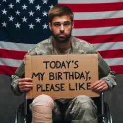 A white man wearing military fatigues looks sad while sitting in a wheelchair holding a cardboard sign saying "Today's my birthday, please like." His right leg is wrapped in bandages and his wheelchair is in front of an American flag with missing stars.