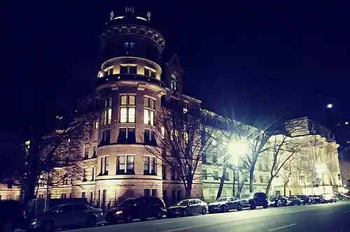 Night view of the museum, looking northwest from across Central Park West