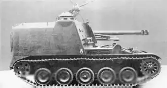 The Obusier de 105 modèle 1950 as equipped on the Mk 61 105 mm self-propelled howitzer, where it is the vehicle's primary armament.