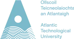 Logo of the Atlantic Technological University consisting of a large stylised teal-coloured "A" with a wave pattern accompanied by the name of the university in both Irish and English