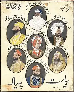 A panel of seven portraits of rulers of Patiala State