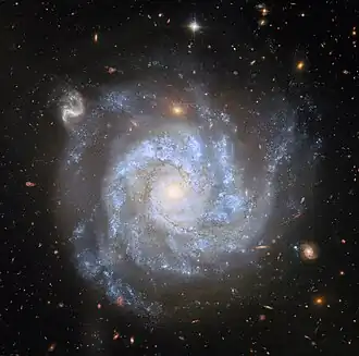 A top-down view of a spiral galaxy, showing its brightly shining centre, its broad spiral arms and the faint halo around its disc, as well as distant galaxies and stars on a dark background. Large blue clouds of gas speckled with small stars and strands of dark dust swirl around the galaxy’s disc. A couple of the background galaxies are large enough that their own swirling spiral arms can be seen.