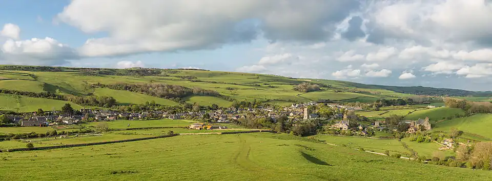 Panorama of the village of Abbotsbury as viewed from the south-west at St Catherine's Chapel